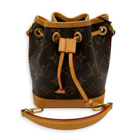 Noe Bucket Bag Nano Brown in Monogram Coated Canvas, Gold hardware