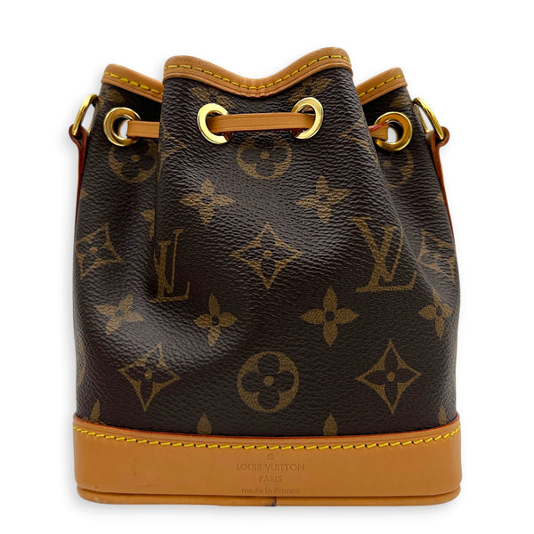 Noe Bucket Bag Nano Brown in Monogram Coated Canvas, Gold hardware