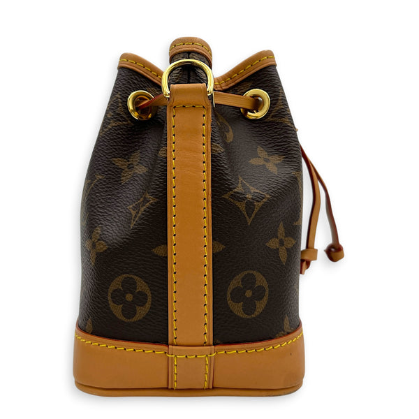 Noe Bucket Bag Nano Brown in Monogram Coated Canvas, Gold hardware