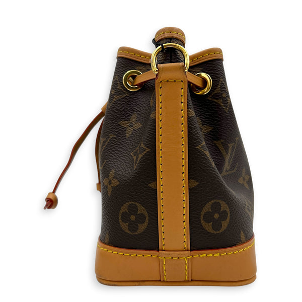Noe Bucket Bag Nano Brown in Monogram Coated Canvas, Gold hardware