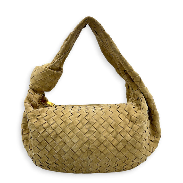 Jodie Shoulder Bag Beige in Suede Leather, Gold hardware