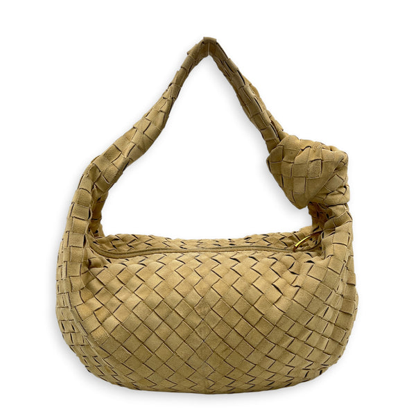 Jodie Shoulder Bag Beige in Suede Leather, Gold hardware