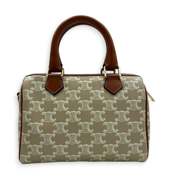 Triomphe Boston Top Handle Bag Beige in Coated Canvas, Gold hardware
