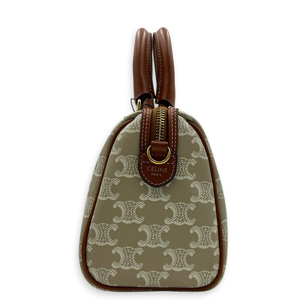Triomphe Boston Top Handle Bag Beige in Coated Canvas, Gold hardware