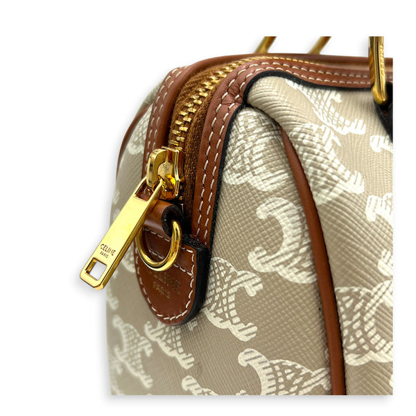 Triomphe Boston Top Handle Bag Beige in Coated Canvas, Gold hardware