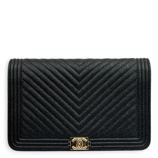 Boy Wallet On Chain Black in Caviar Leather, Gold hardware