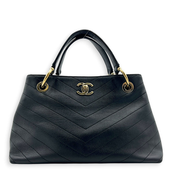 Chic Shopping Black Top Handle Bag in Calfskin, Gold hardware