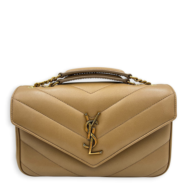 Loulou Shoulder Bag Beige in Lambskin, Gold hardware