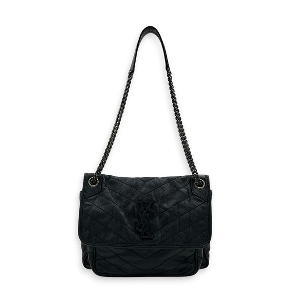 Niki Shoulder Bag Black in Calfskin, Ruthenium hardware