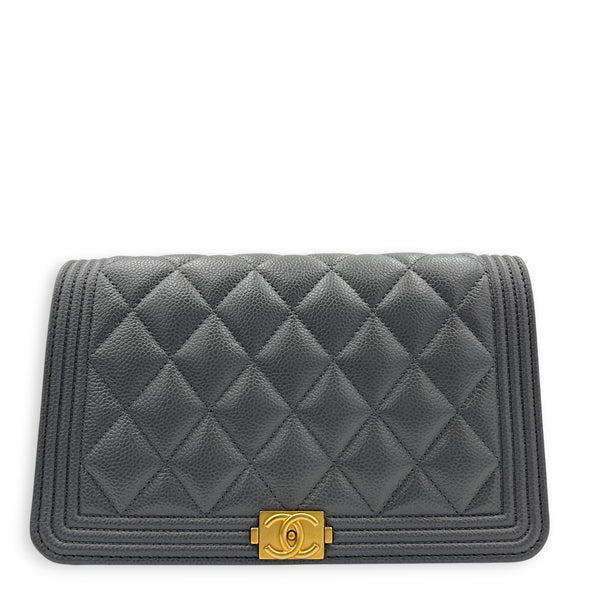 Boy Grey Wallet On Chain in Caviar Leather, Gold hardware