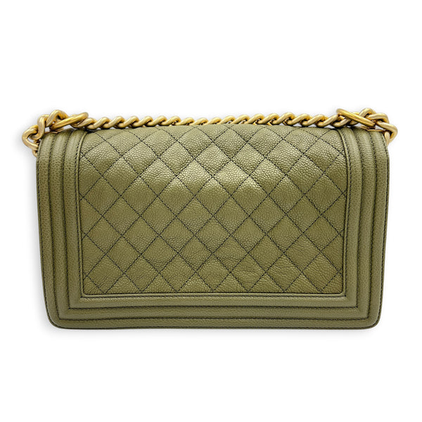 Boy Medium Green Shoulder Bag in Caviar Leather, Gold hardware
