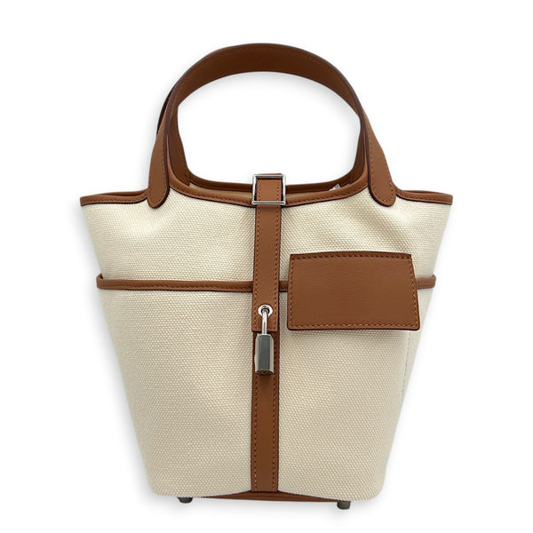 Picotin Cargo 18 Gold/Ecru Top Handle Bag in Toile & Swift, Palladium hardware