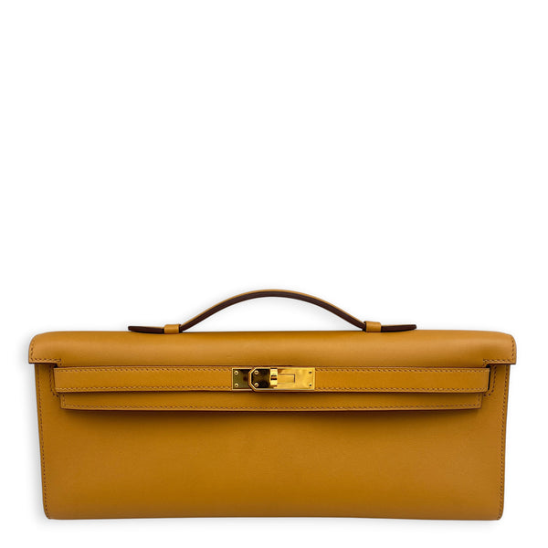 Kelly Cut Sesame Clutch in Swift, Gold hardware