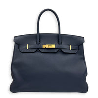 Birkin 35 Blue Nuit Top Handle Bag in Togo, Gold hardware