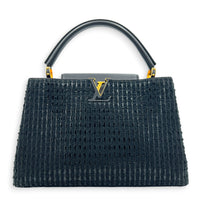 Capucines Top Handle Bag MM Black in Tweed, Gold hardware