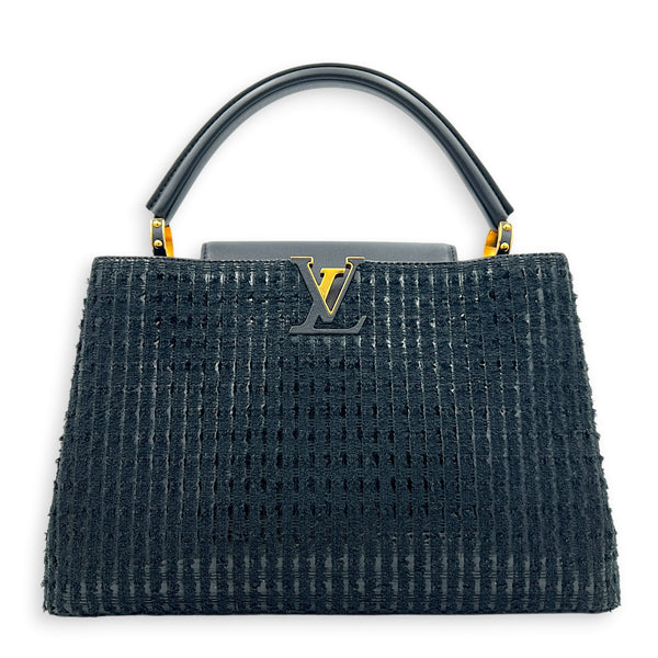 Capucines Top Handle Bag MM Black in Tweed, Gold hardware