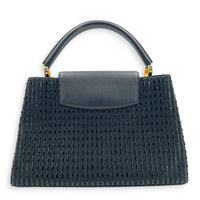 Capucines Top Handle Bag MM Black in Tweed, Gold hardware