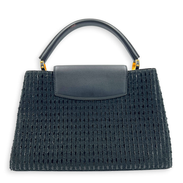 Capucines Top Handle Bag MM Black in Tweed, Gold hardware