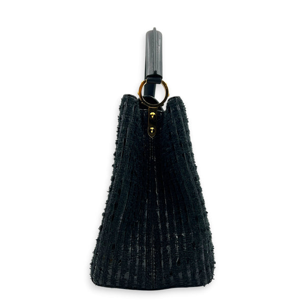 Capucines Top Handle Bag MM Black in Tweed, Gold hardware