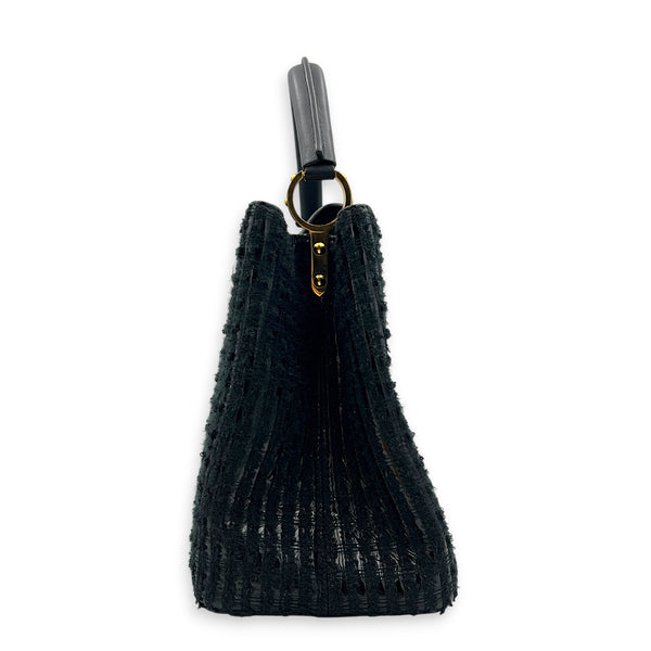 Capucines Top Handle Bag MM Black in Tweed, Gold hardware