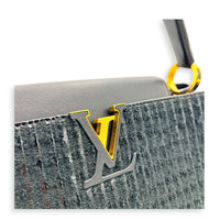 Capucines Top Handle Bag MM Black in Tweed, Gold hardware