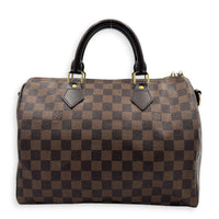 Speedy Bandouliere Top Handle Bag 30 Damier Ebene in Coated Canvas, Gold hardware