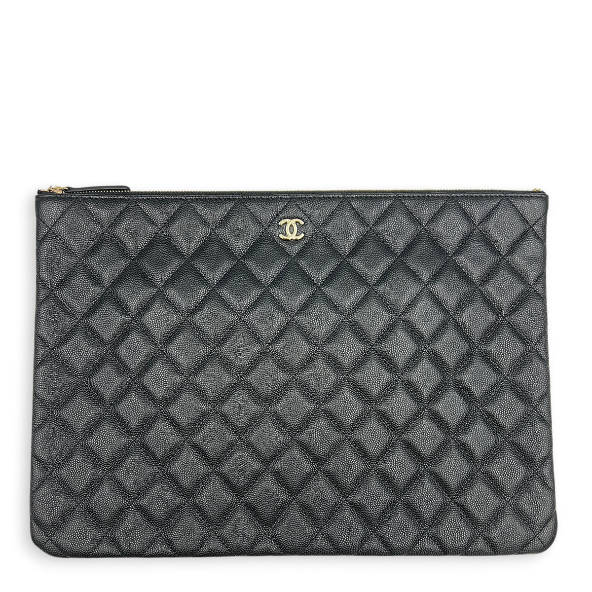 O Case Black Clutch in Caviar Leather, Light Gold hardware