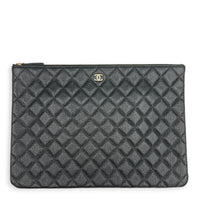 O Case Black Clutch in Caviar Leather, Light Gold hardware