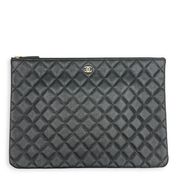 O Case Black Clutch in Caviar Leather, Light Gold hardware