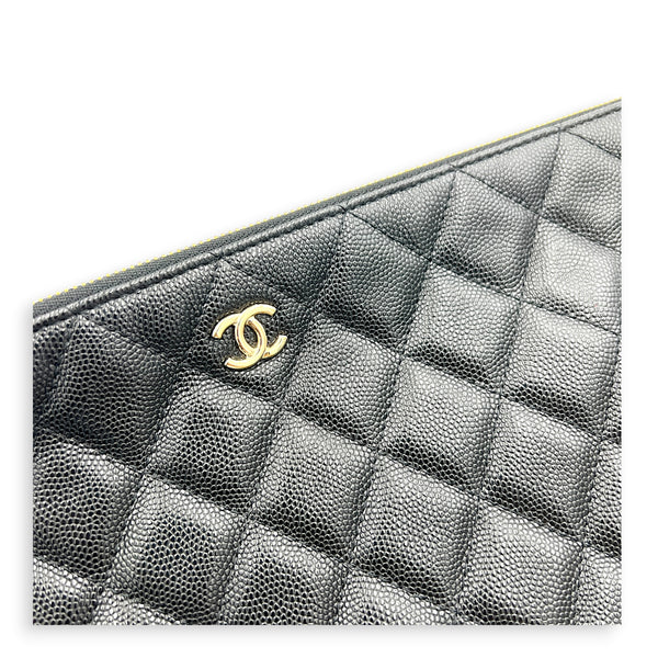 O Case Black Clutch in Caviar Leather, Light Gold hardware
