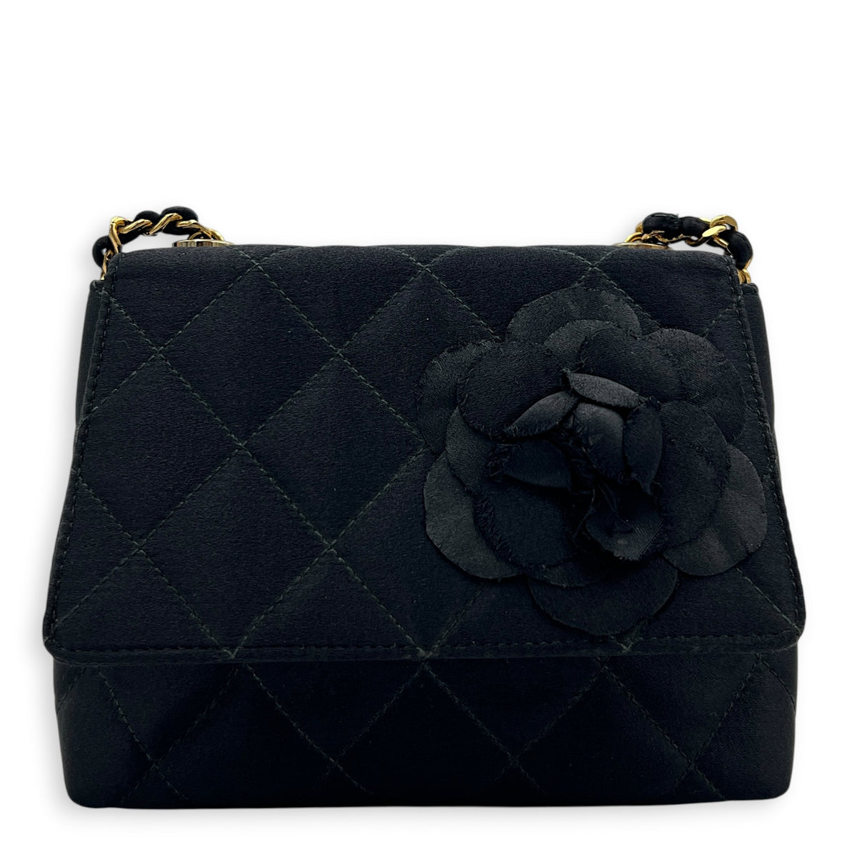 Vintage Camelia Black Shoulder Bag in Satin, Gold hardware