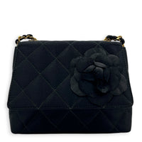 Vintage Camelia Black Shoulder Bag in Satin, Gold hardware