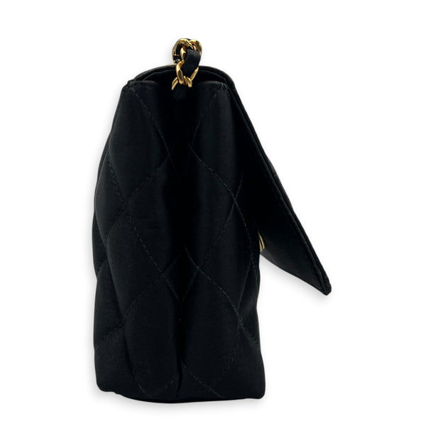 Vintage Camelia Black Shoulder Bag in Satin, Gold hardware