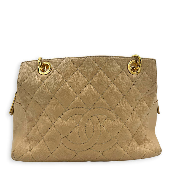PTT Beige Tote Bag in Caviar Leather, Gold hardware