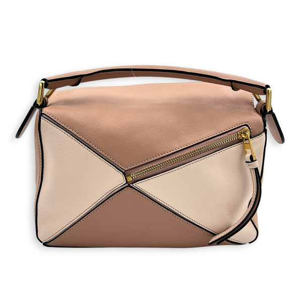 Puzzle Top Handle Bag Small Pink in Suede Leather, Gold hardware