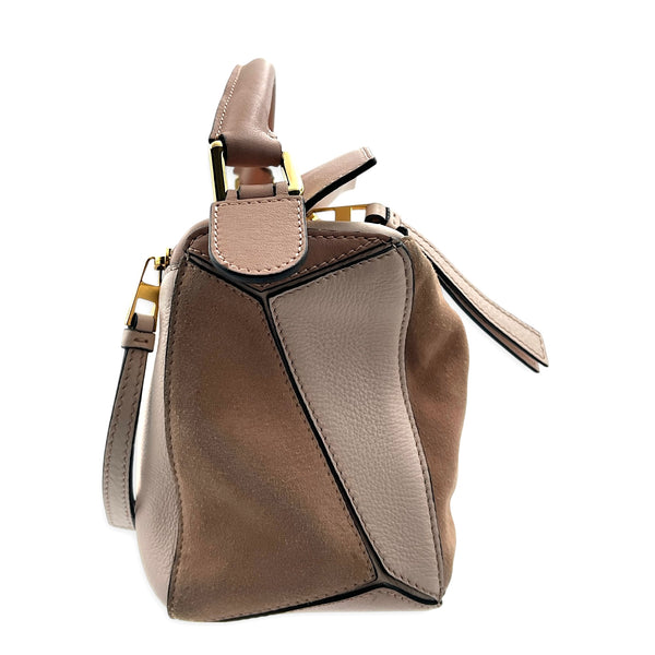Puzzle Top Handle Bag Small Pink in Suede Leather, Gold hardware