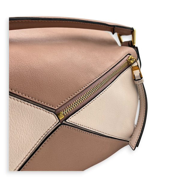Puzzle Top Handle Bag Small Pink in Suede Leather, Gold hardware