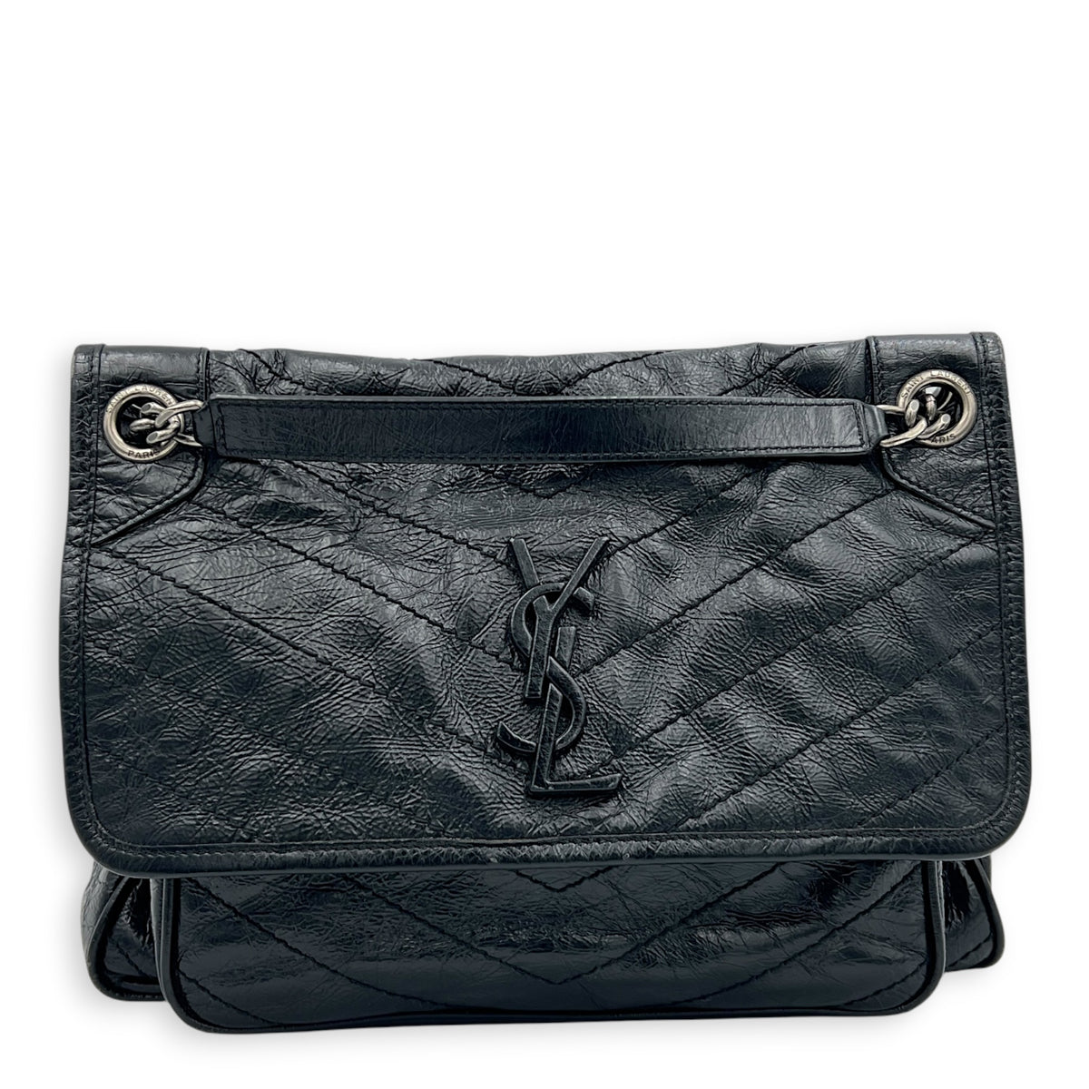 Niki Medium Black Shoulder Bag in Distressed Leather, Gunmetal hardware