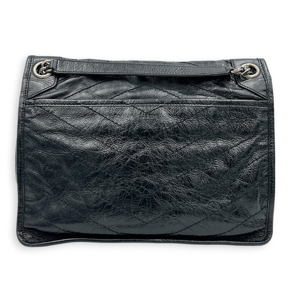 Niki Medium Black Shoulder Bag in Distressed Leather, Gunmetal hardware