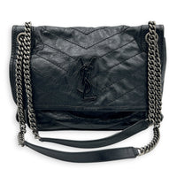 Niki Medium Black Shoulder Bag in Distressed Leather, Gunmetal hardware