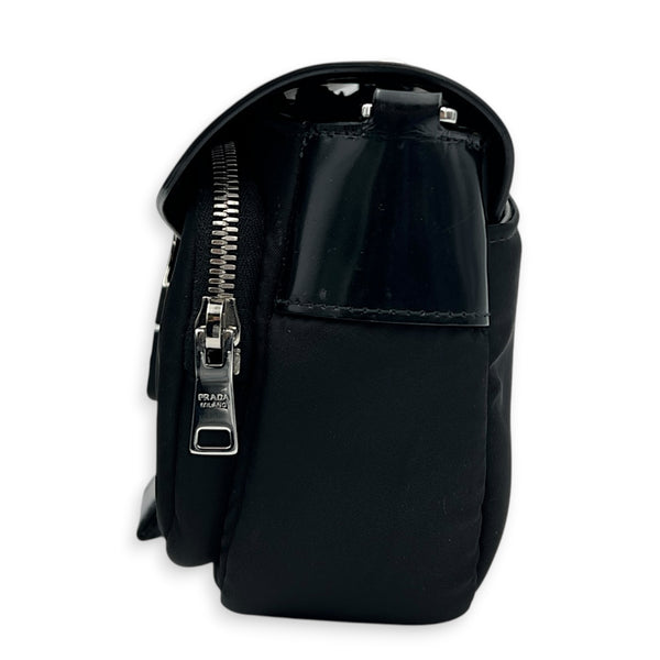 Buckle Pocket Black Crossbody Bag in Spazzolato & Re-Nylon, Silver hardware