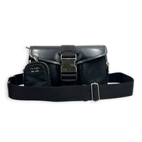 Buckle Pocket Black Crossbody Bag in Spazzolato & Re-Nylon, Silver hardware