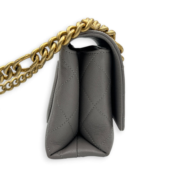 CC Flap Chain Mini Grey Shoulder Bag in Caviar Leather, Gold hardware