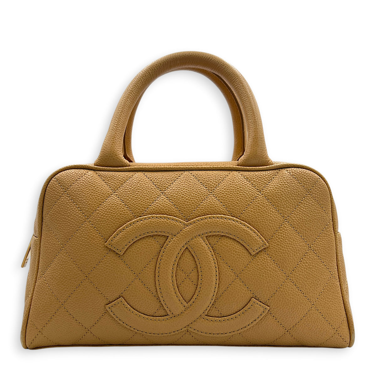 CC Boston Beige Top Handle Bag in Caviar Leather, Gold hardware