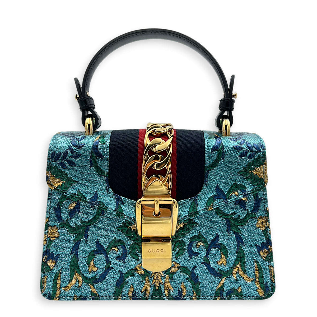 Sylvie Top Handle Bag Mini Blue in Satin, Gold hardware