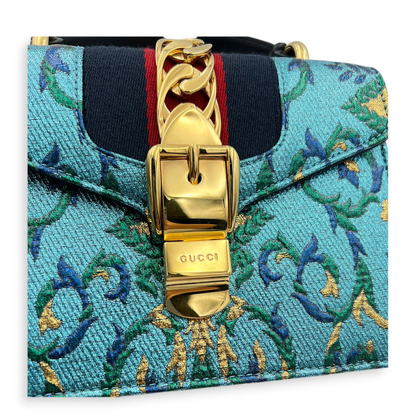 Sylvie Top Handle Bag Mini Blue in Satin, Gold hardware