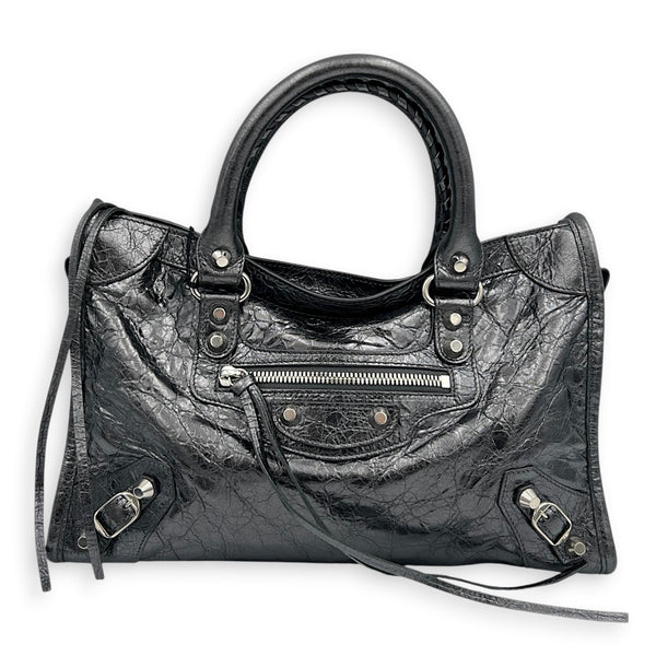 City Small Grey Top Handle Bag in Distressed Leather, Silver hardware