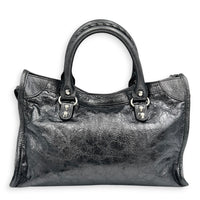 City Small Grey Top Handle Bag in Distressed Leather, Silver hardware