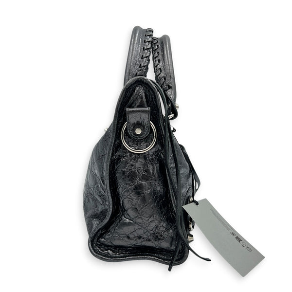 City Small Grey Top Handle Bag in Distressed Leather, Silver hardware