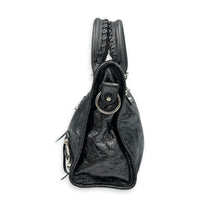 City Small Grey Top Handle Bag in Distressed Leather, Silver hardware